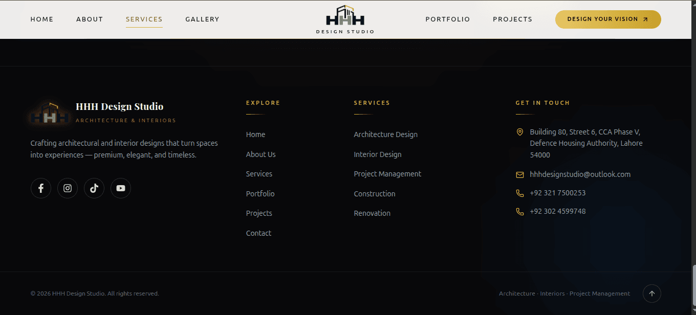 Footer with services and contact details
